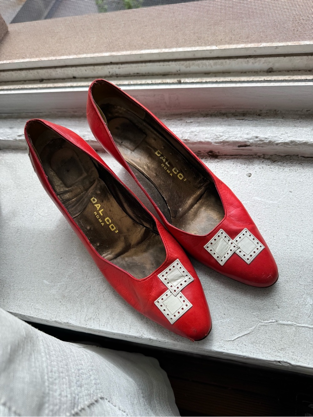 Dalco Roma Italian Vintage Red Pointed-Toe Heels with White Decorative Squares